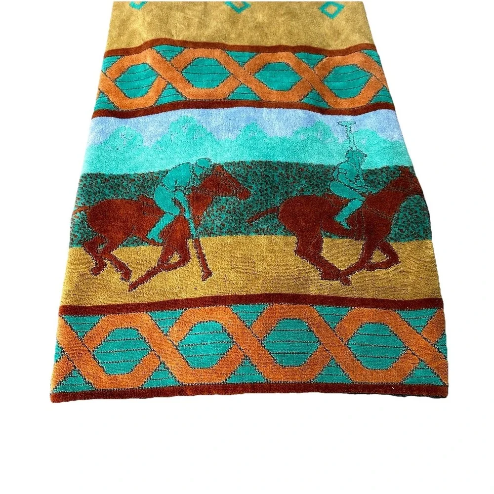 Vintage Royal Terry‎ Beach Towel 66x38.5 Polo Horse Scene Equestrian